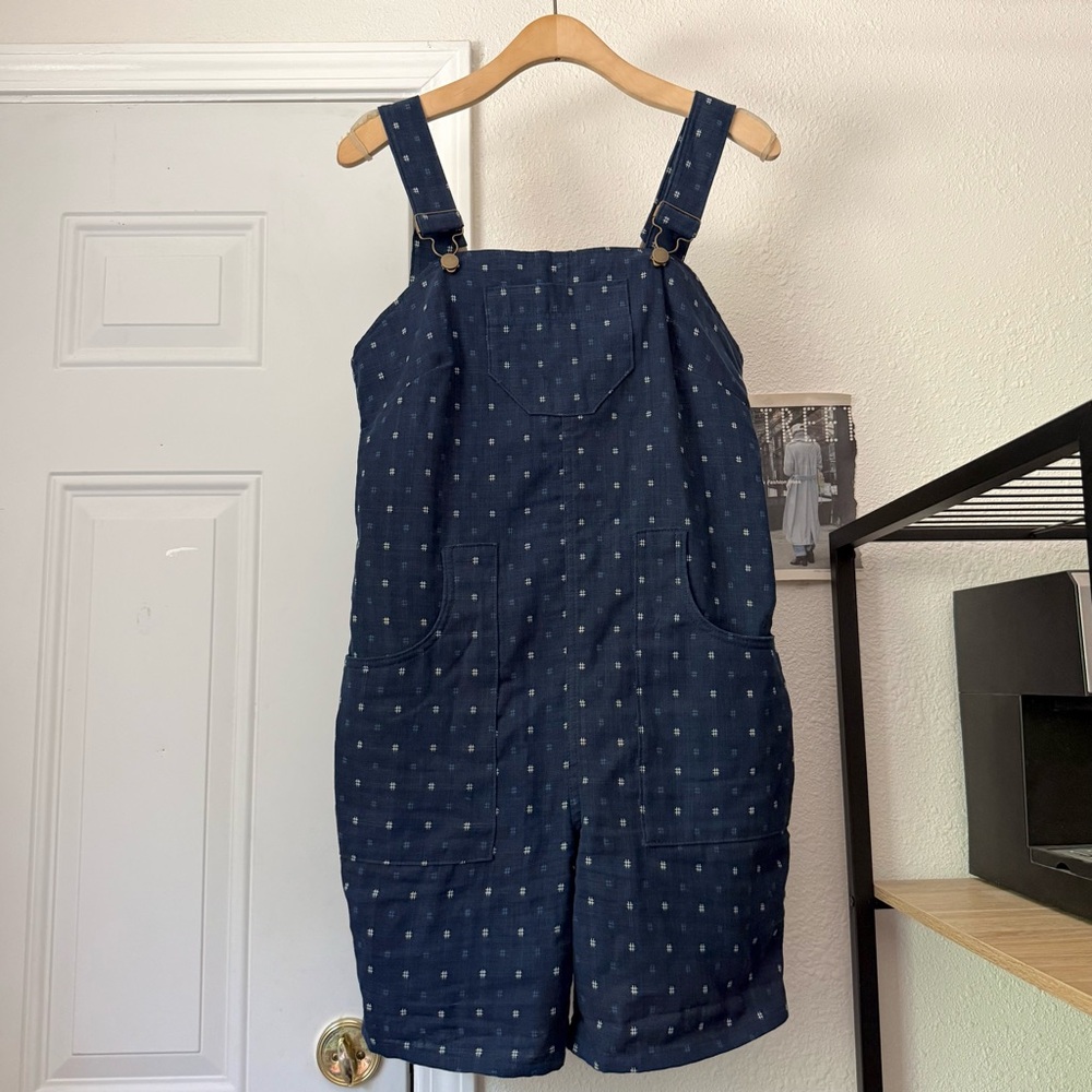 REVIVALL Navy Blue Polka-Dot Short Overalls Jumpsuit